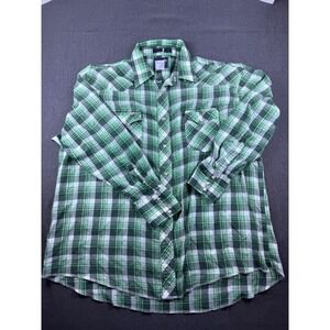Wrangler Western‎ Shirt Plaid Green White Pearl Snap Long Sleeve Mens
